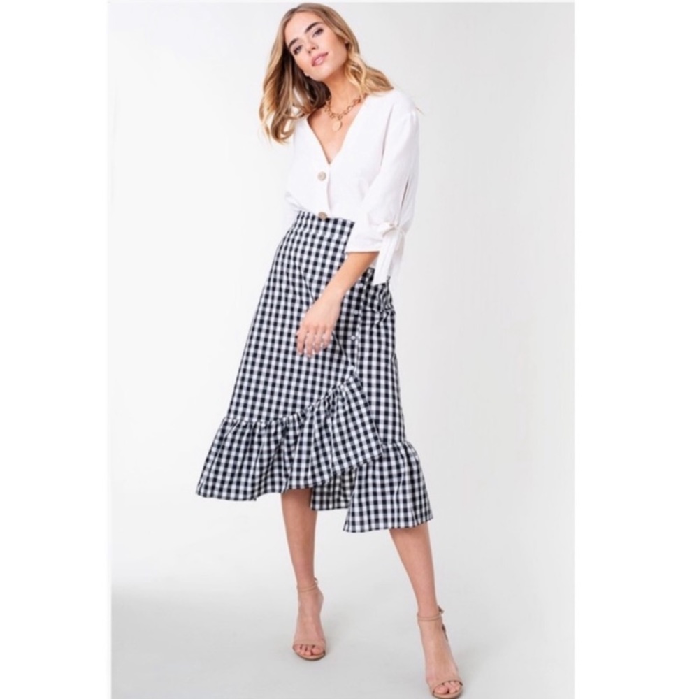 Gingham Checker Frill Button Down Midi SkirtSkirt